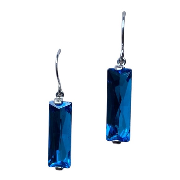 Vintage Aqua & Silver Tone Drop Rectangle Shaped Earrings w/ Fish Hook Closures - Picture 6 of 6